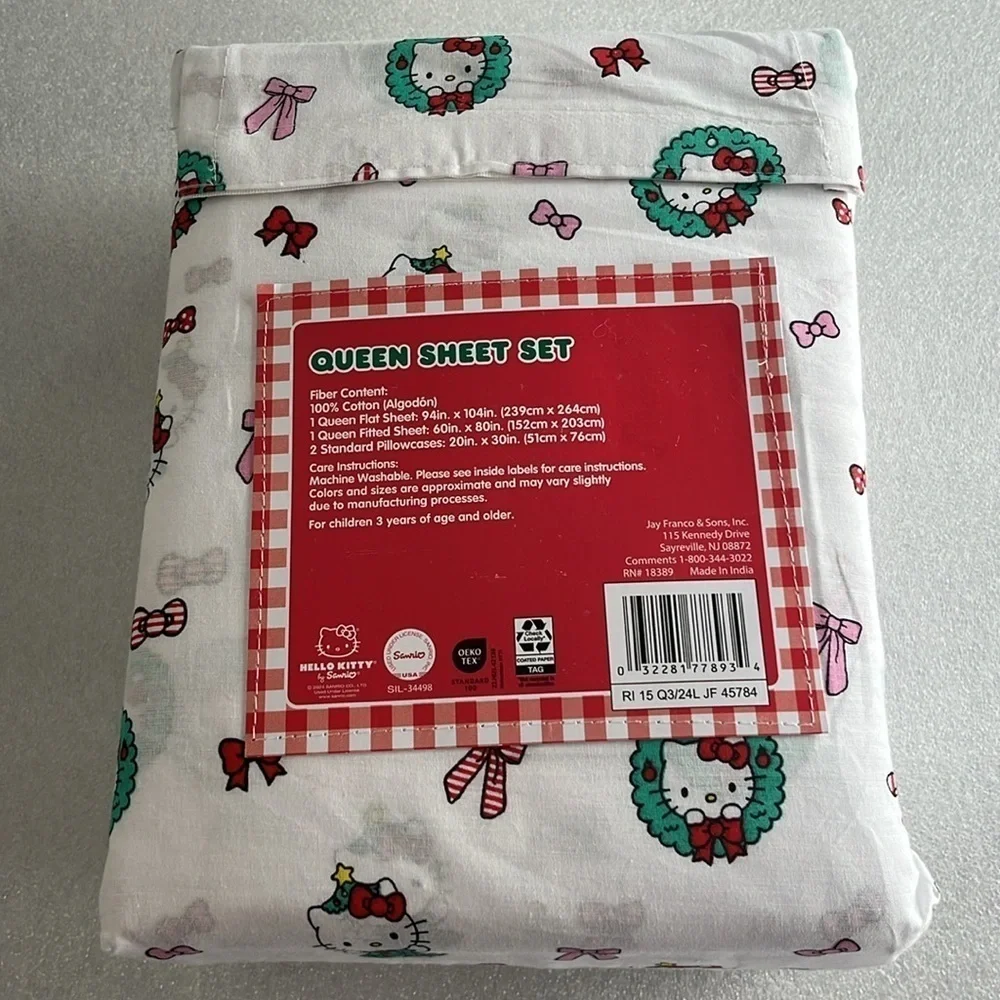 🆕 Hello Kitty Sheet Set Queen Festive Holiday Christmas Wreath Cotton